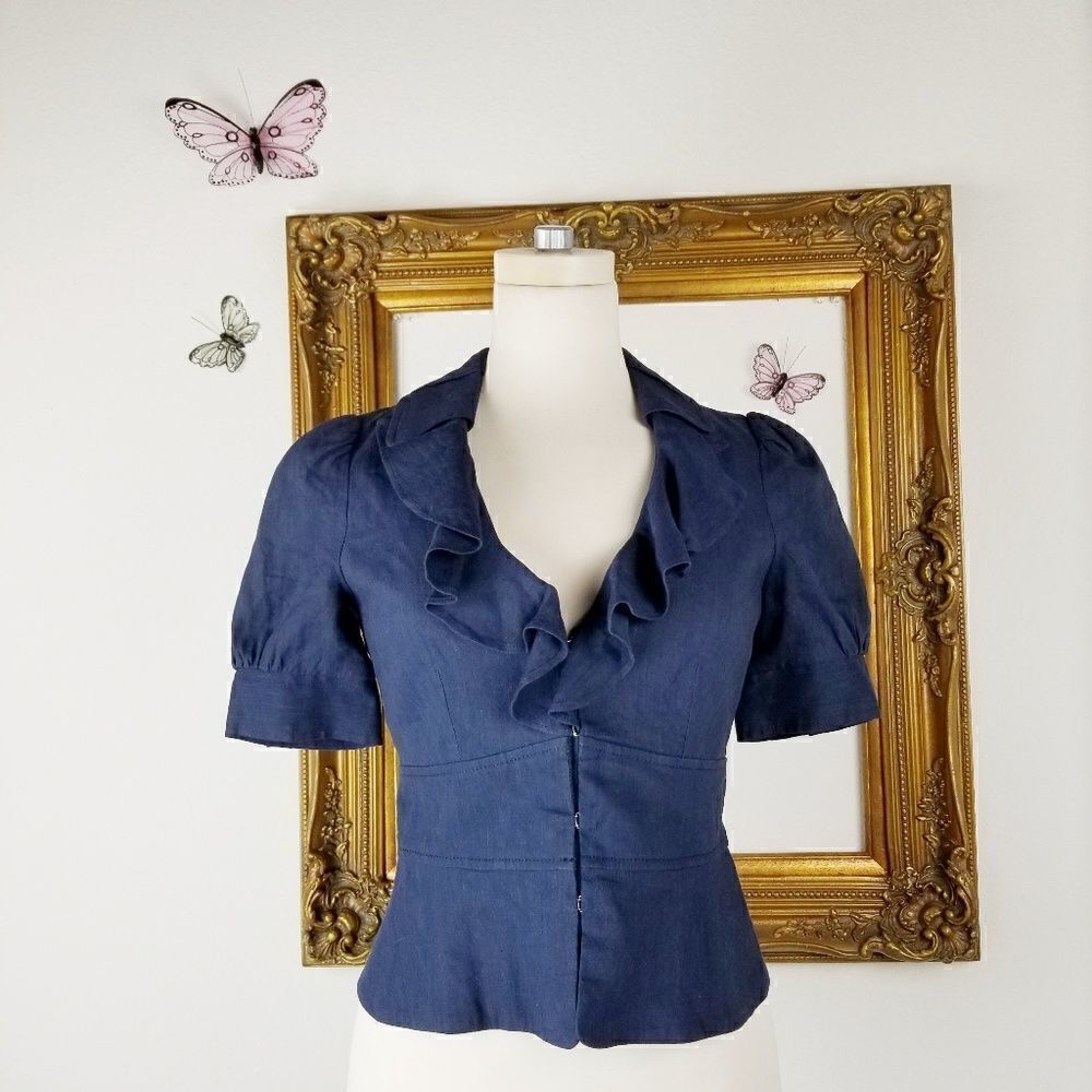 Rebecca Taylor navy blue linen ruffled jacket